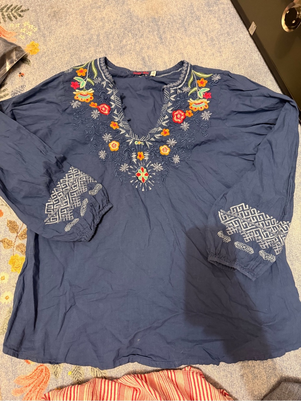Johnny Was Navy Embroidered V-Neck Tunic with Multicolor Floral Detail
